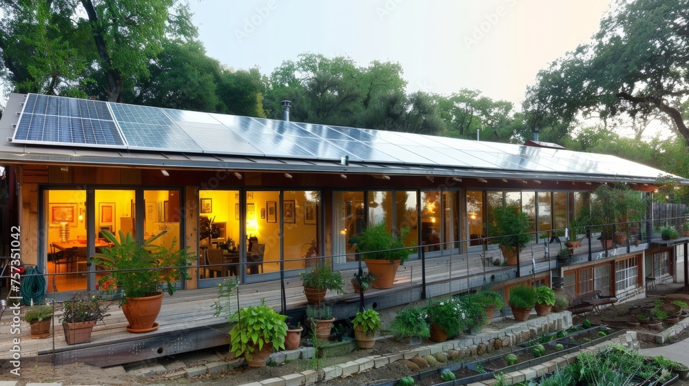 A modern suburban house at sunset with a solar panel system on the gable roof with potted plants and vegetables