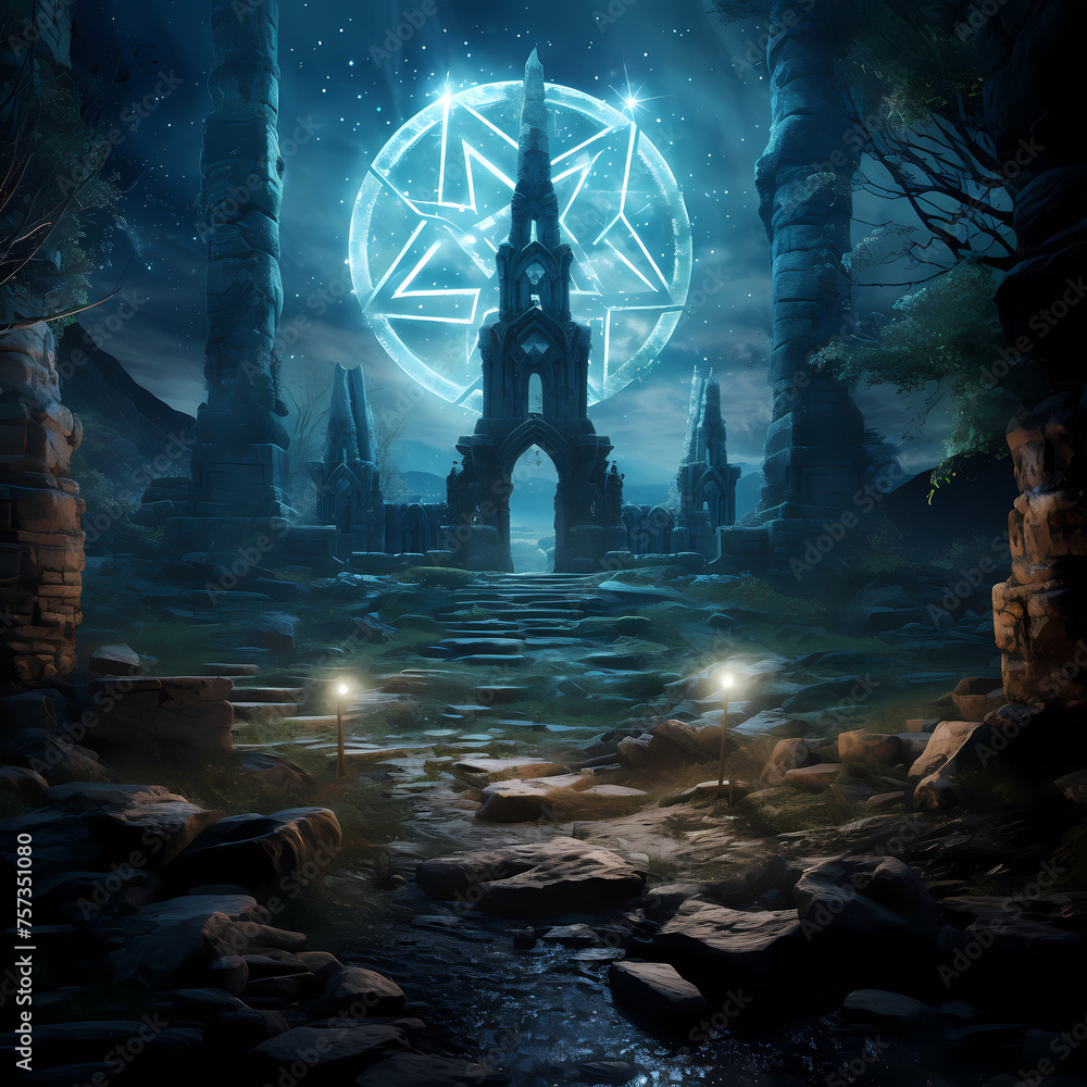 Mystical ruins with ancient symbols and magical glyphs