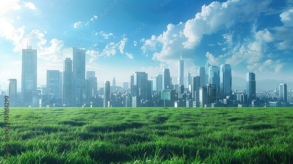 Futuristic Cityscape with Green Field in Foreground