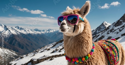  In a sky of spun sugar, a llama soars with majesty, its stylish sunglasses adding a dash of flair to its already enchanting journey