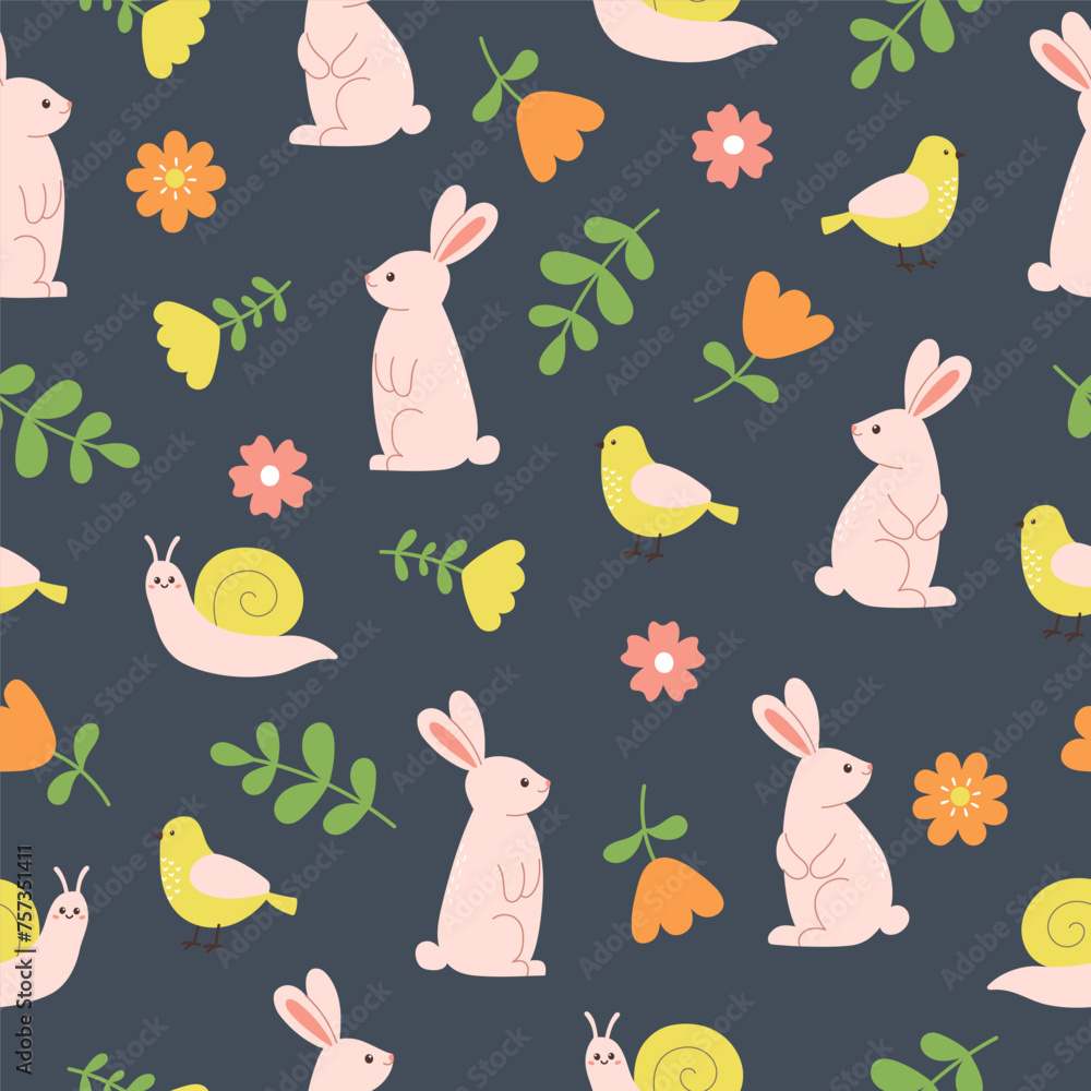 Seamless pattern of cute rabbits, birds, snails and flowers on dark grey background. Template for postcard, card, print, wallpaper - obrazy, fototapety, plakaty 