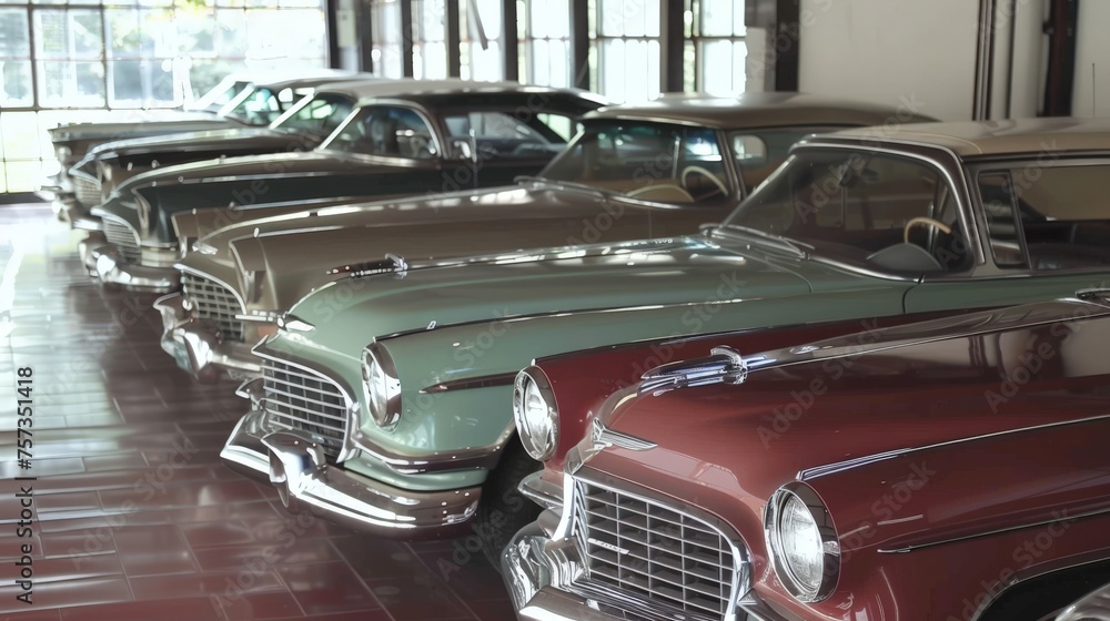 a row of new looking 50's cars, different colors 