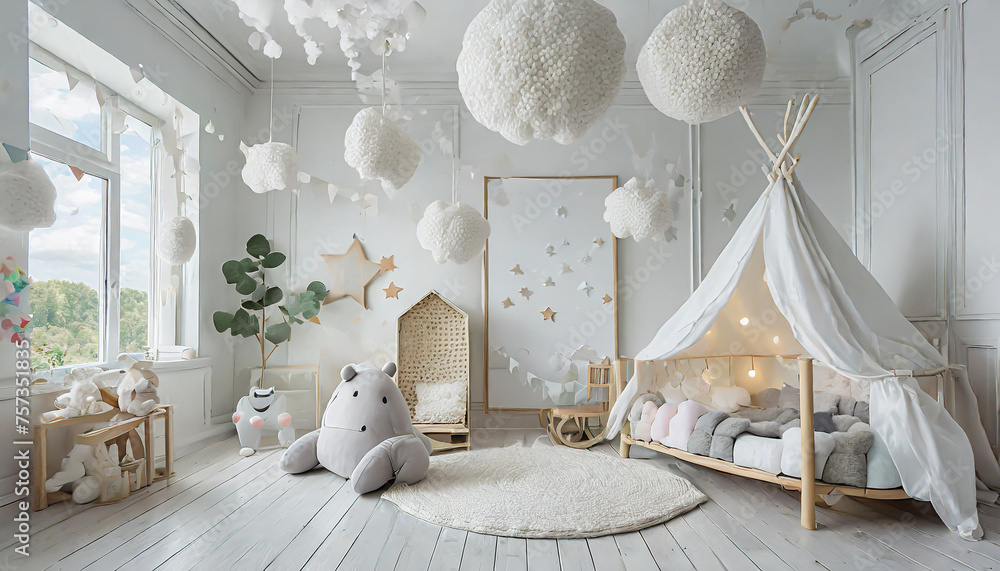 the modern scandinavian newborn baby room with mock up photo frame wooden car plush rhino and clouds hanging cotton flags and white stars minimalistic and cozy interior with white walls real photo - obrazy, fototapety, plakaty 