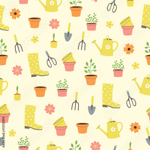 Seamless pattern gardening elements and flowers on beige background. Template for cards, posters, fabric, prints and wallpaper