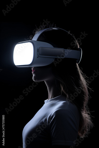 A woman wearing a glowing Virtual Reality headset isolated on black background. © KG