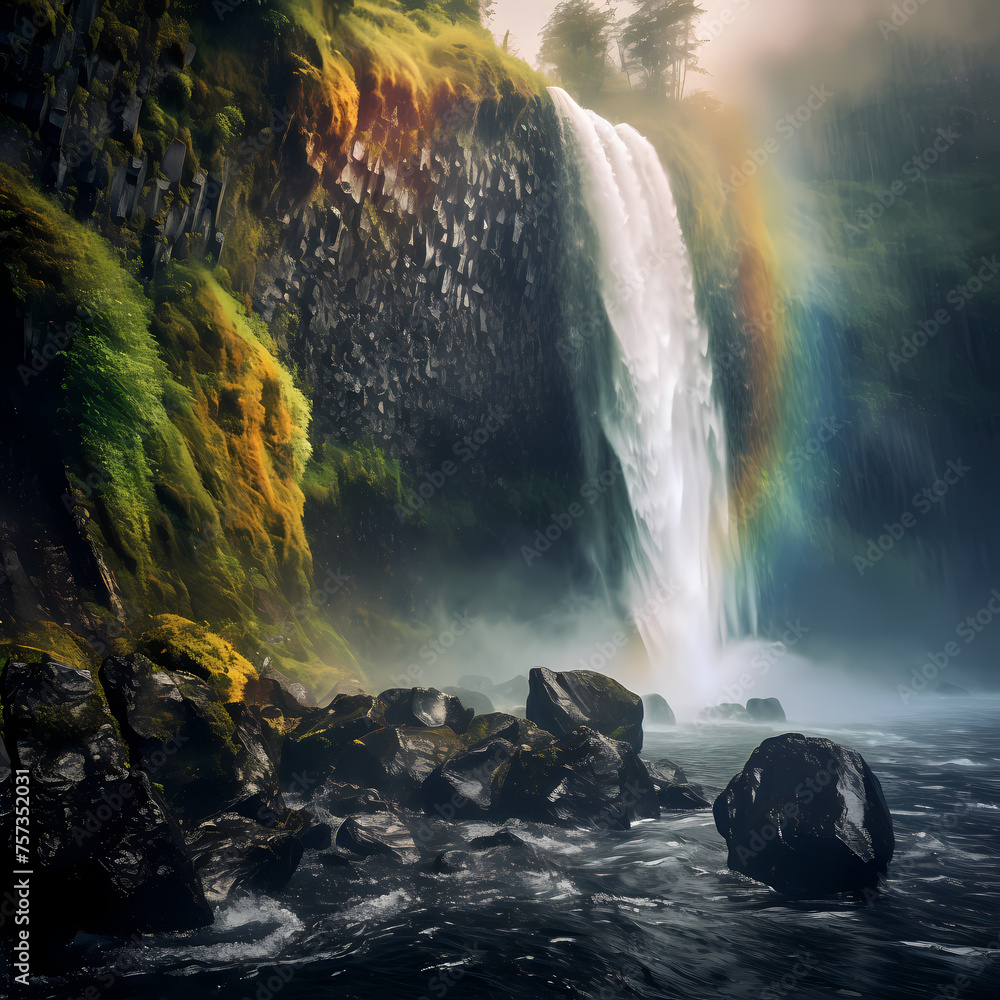 Rainbows forming in the mist of a waterfall.