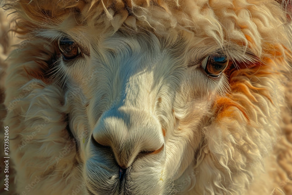 Alpaca domestic farm closeup. Farm animal. Generate Ai Alpaca domestic farm closeup. Farm animal. Generate Ai