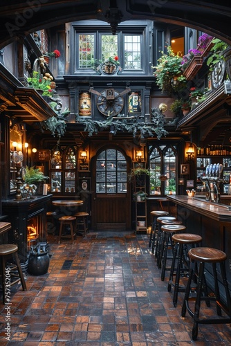 Old English pub with dark wood cozy fireplaces photo