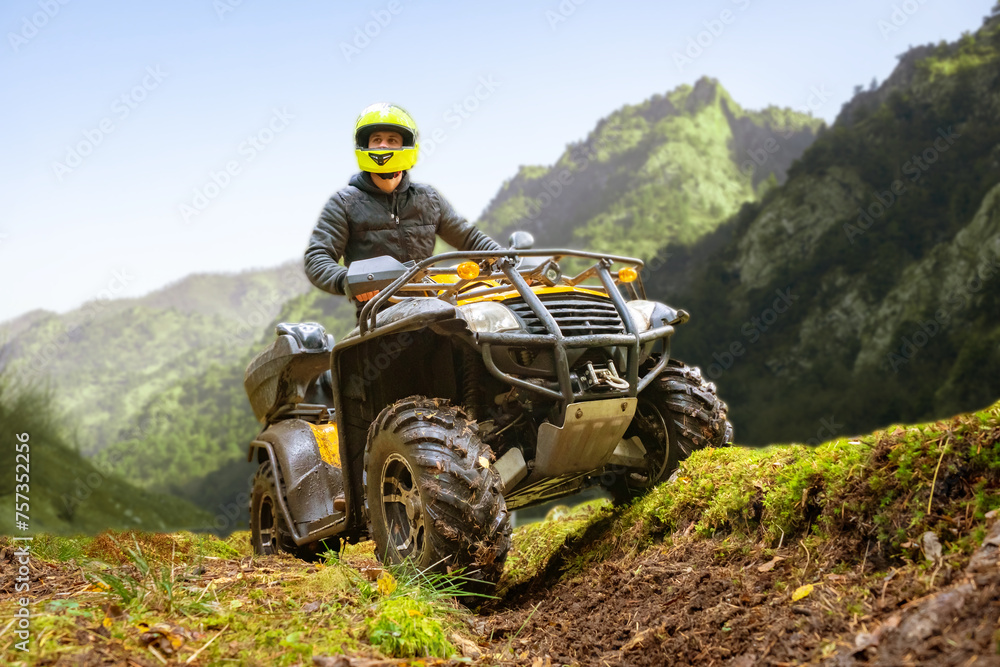 Adventurous Rider Navigating Rough Terrain on an ATV in Lush Green Mountains Adventurous Rider Navigating Rough Terrain on an ATV in Lush Green Mountains