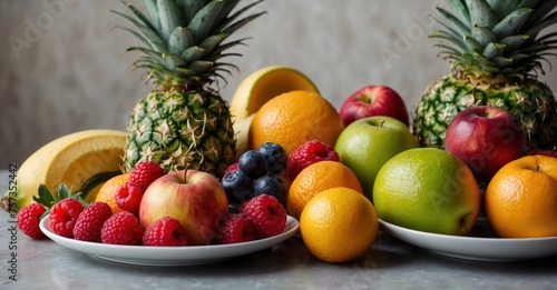 Tabletop view showcasing an assortment of fresh  colorful fruits   a delightful display promoting a health-conscious and natural way of living