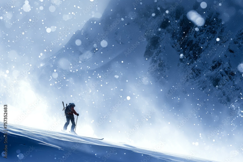Alpine skier winter. Man special and red suit practicing mountaineering. Generate AI Alpine skier winter. Man special and red suit practicing mountaineering. Generate AI
