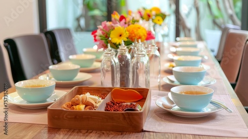 A long table covered with a smooth tablecloth, six plates of healthy soup ingredients on a wooden tray, flowers in bottles, a row of seats, each seat has a solid wood chair and a teacup 