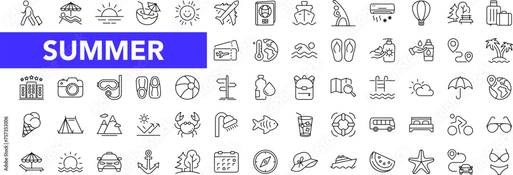 Summer icon set with editable stroke. Summer vacation thin line icon collection. Vector illustration Summer icon set with editable stroke. Summer vacation thin line icon collection. Vector illustration