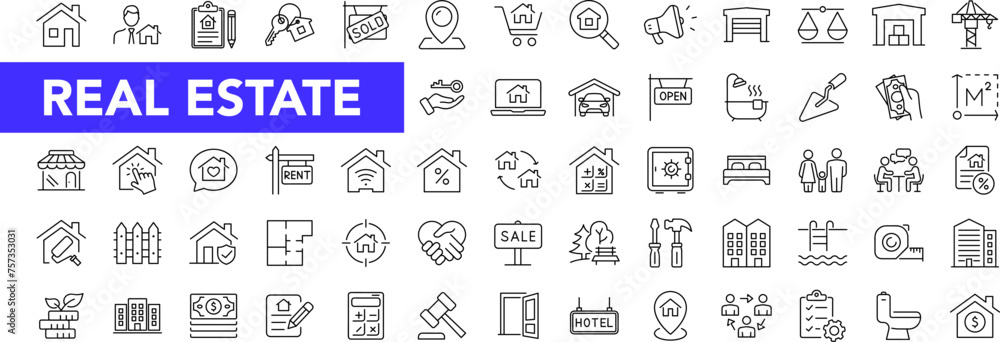 Real Estate icon set with editable stroke. Realty thin line icon collection. Vector illustration