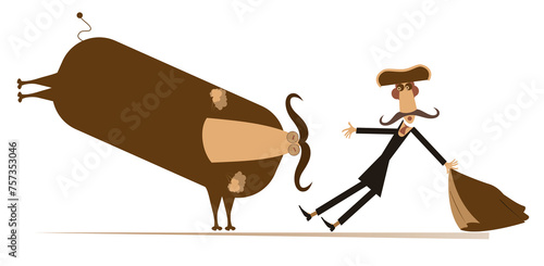 Cartoon bullfighter and a bull. Angry bull and long mustache bullfighter with a matador cape. Isolated on white background 