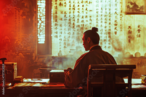 Traditional Scholar Contemplating Ancient Scripts in Serene Study - Banner Image