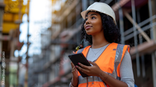 young woman wearing a safety helmet and reflective vest is holding a tablet and looking up