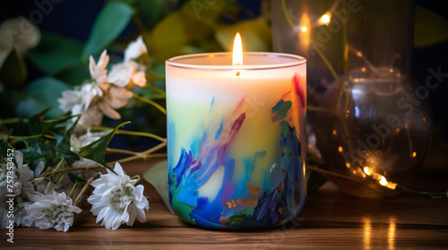 A tranquil boho candle, illuminating with a watercolor glow, symbolizing hope and ambiance created with Generative Ai