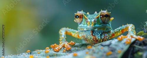 A frog with orange and blue spots is sitting on a leaf photo