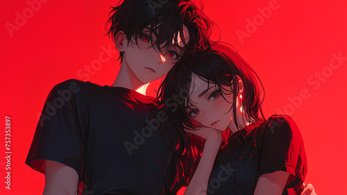 Anime models of beautiful girls and handsome boys pose seriously, with red and half black filters photo