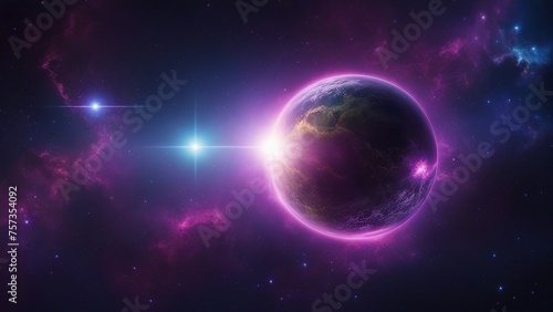 planet in space _A spherical panorama of a space scene with a blue and green exoplanet, a purple and pink nebula,  