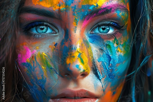 Amazing incredible colorful portrait. Beautiful and sympathetic woman. Generate AI