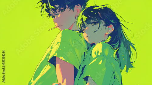 Anime models of beautiful girls and handsome boys pose seriously, with green and half black filters photo