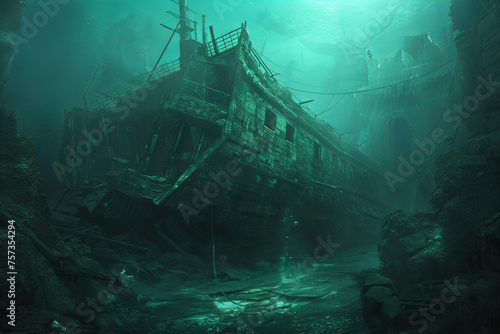 Mysterious Sunken Ship Resting in the Enigmatic Underwater City Banner