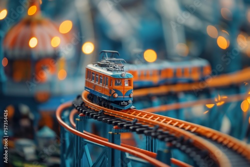 Miniature vintage orange tram on curving toy tracks with warm glowing lights, concept of nostalgia, playfulness, and childhood memories photo