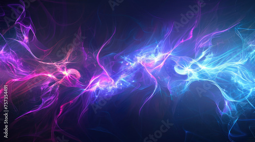 Ethereal abstract image of neon light fractal waves in pink and blue symbolizing mystery and digital fantasy worlds