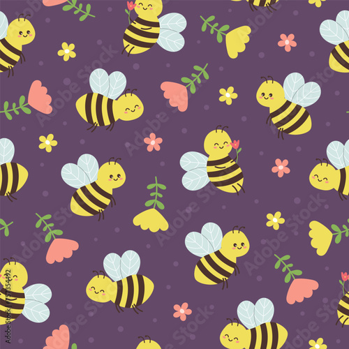 Seamless pattern of cute bees and flowers on dark purple background. Template for postcard, card, print, wallpaper © Yaryna