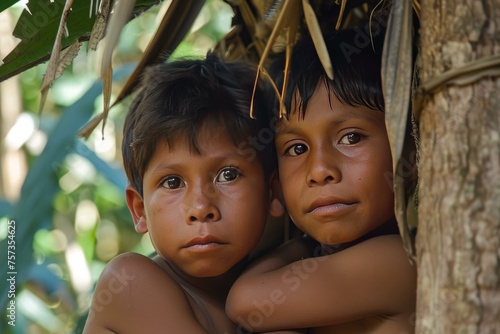 Amazonia tribe children. America child. Generate Ai photo