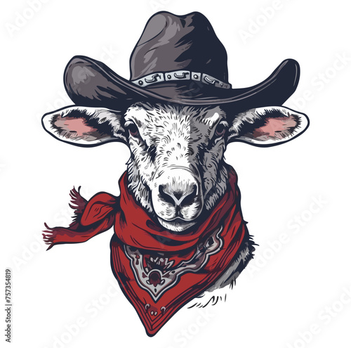 Sheep Head wearing wearing cowboy hat and bandana around neck