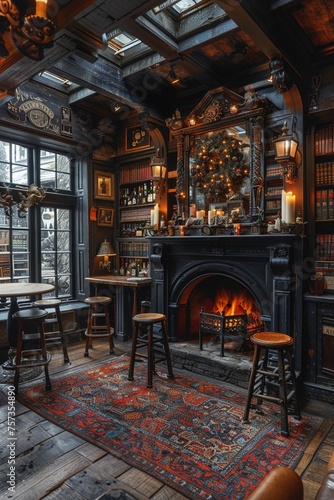 Old English pub with dark wood cozy fireplaces photo