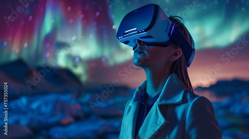 Woman in VR goggles, dressed in business attire, stands In the Arctic with the Northern Lights. Aurora Borealis. Immersive Technology, Virtual Reality Travel, AI Generated