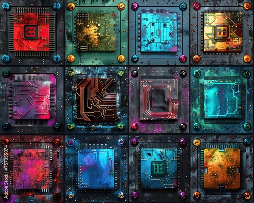 3d vector art vivid colors various computer chips each in hole in a black rustic metal industrial wall