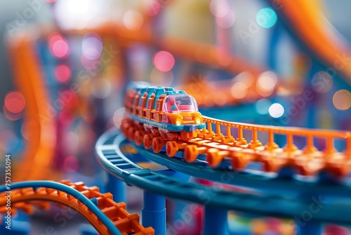 Vibrant toy train on a colorful track against a bokeh background, concept of playfulness and childhood imagination