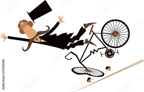 Cartoon man in the top hat falling down from the bicycle. Cartoon long mustache gentleman in the top hat falling down from the bicycle. Isolated on white background