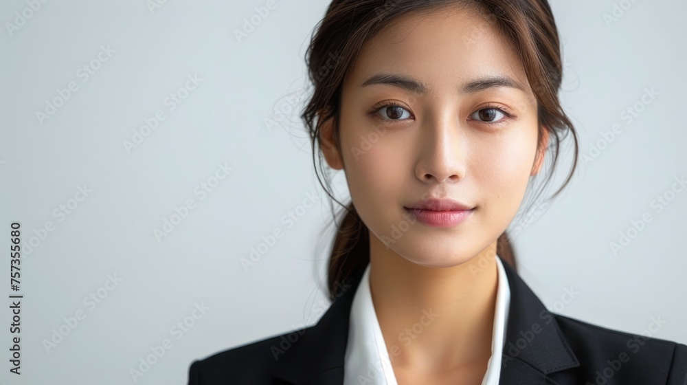 Millennial 35s woman portrait. Asian female freelancer in black suit. Girl headshot. Young adult entrepreneur person photo. Asia business career. White background. Successful confident businesswoman. Millennial 35s woman portrait. Asian female freelancer in black suit. Girl headshot. Young adult entrepreneur person photo. Asia business career. White background. Successful confident businesswoman.