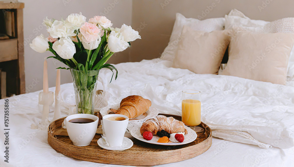 Traditional romantic breakfast in bed in white and beige bedroom