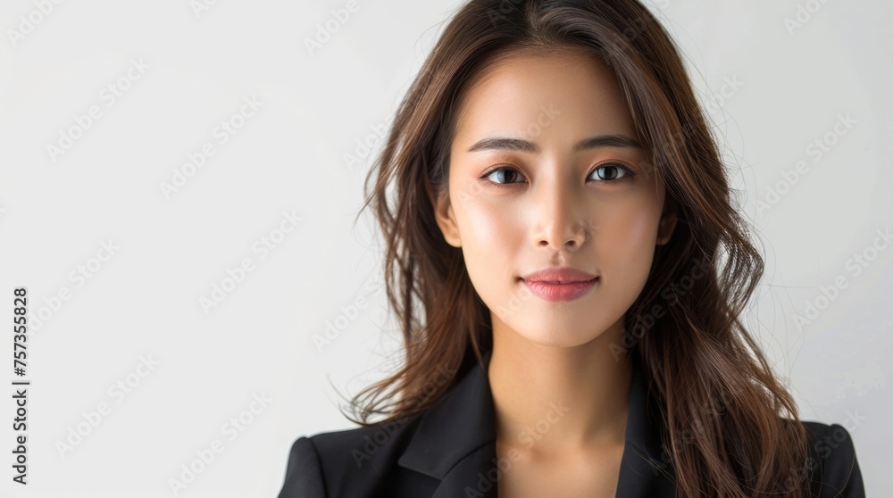Millennial 35s woman portrait. Asian female freelancer in black suit. Girl headshot. Young adult entrepreneur person photo. Asia business career. White background. Successful confident businesswoman. Millennial 35s woman portrait. Asian female freelancer in black suit. Girl headshot. Young adult entrepreneur person photo. Asia business career. White background. Successful confident businesswoman.