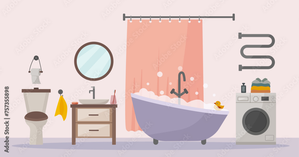Stylish bathroom in flat vector style. Bath, washing machine, toilet, sink. Accessories: shampoo, shower gel, soap, towel, mirror, bath curtain. Stylish bathroom in flat vector style. Bath, washing machine, toilet, sink. Accessories: shampoo, shower gel, soap, towel, mirror, bath curtain.