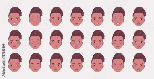 Young fade haircut woman, attractive female emotion set, cute girl appearance bundle portrait. Different nice face icons, positive, negative facial expression feature pic. Vector illustration circles