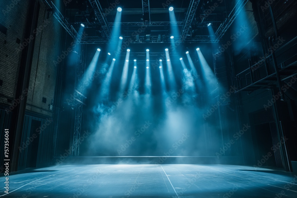 Empty stage with blue lighting and smoke effect, conceptualizing drama, performance, and entertainment in a theatrical setting - obrazy, fototapety, plakaty 