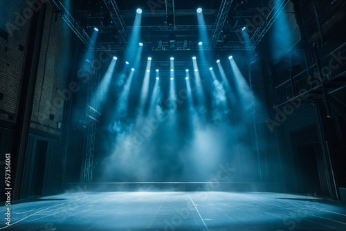 Empty stage with blue lighting and smoke effect, conceptualizing drama, performance, and entertainment in a theatrical setting