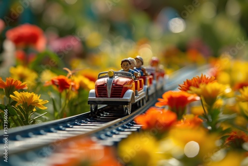 Miniature figures on a vibrant toy train journey through a marigold garden, showcasing childhood wonder and playful imagination