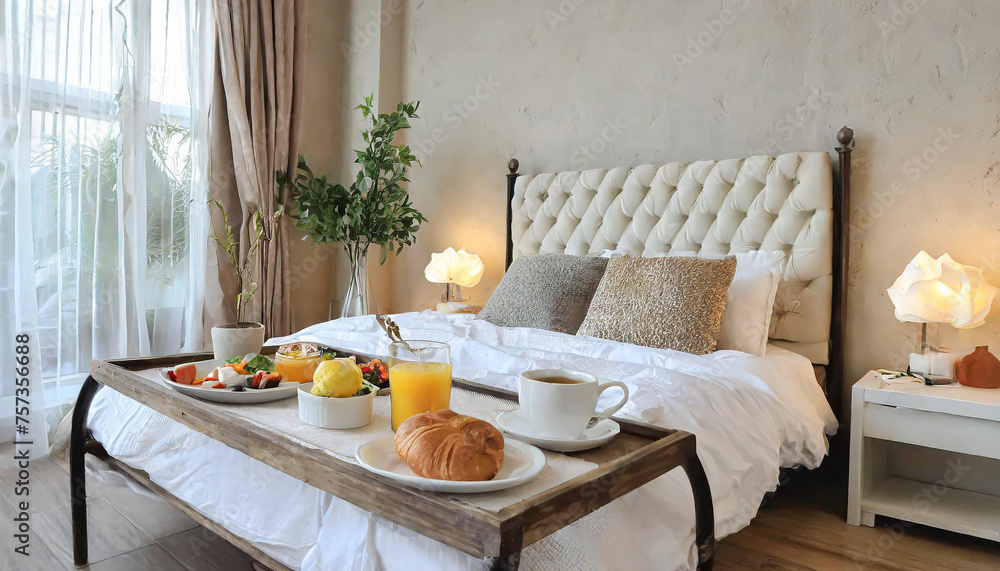 Traditional romantic breakfast in bed in white and beige bedroom Traditional romantic breakfast in bed in white and beige bedroom