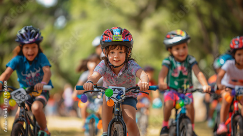 Happy Children Participating in a Bicycle Race on a Sunny Day