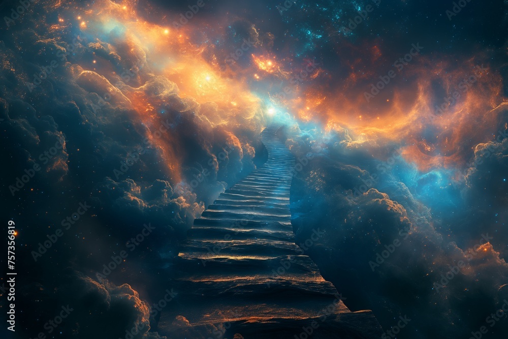 Stairway to heaven concept through a cosmic landscape, symbolizing journey, spirituality, and the quest for enlightenment - obrazy, fototapety, plakaty 