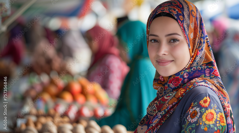 Young woman wearing a richly patterned hijab smiles gently at a bustling outdoor market.